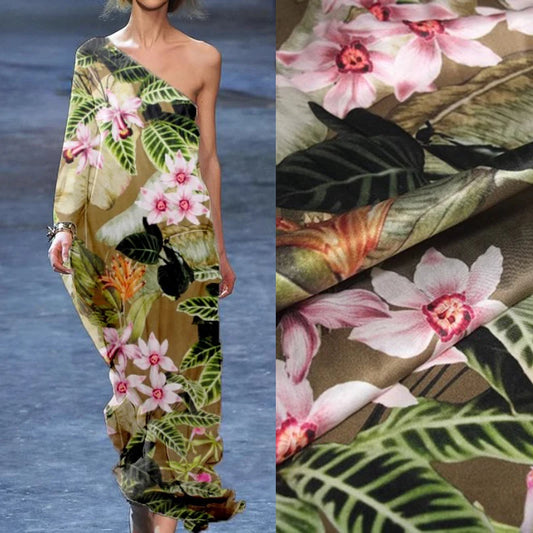 41.3 Wide 20MM Stretch Silk Satin Fabric for DIY Sewing Spring Summer Dress Pants Pajamas Pink Floral Green Leaves Print Silk Fabric R1850