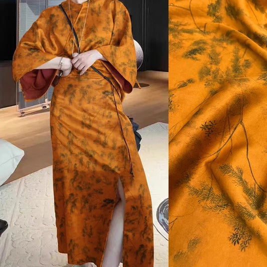 25MM Thickness Trees Print Orange Stretch Silk Fabric by Yard - Wide 47'' - Ideal for Dress & Cheongsam - High-Quality DIY Sewing Material D1260