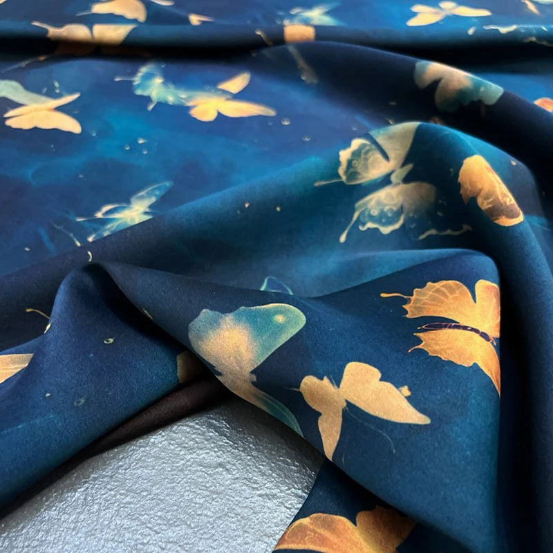 47'' Width 25Thickness DIY Sewing Soft and Comfortable Gambiered Guangdong Silk Fabric Material by Yard,Stretch Fabric with Butterfly on Blue for Cheongsam Dress Shirt DIY R395
