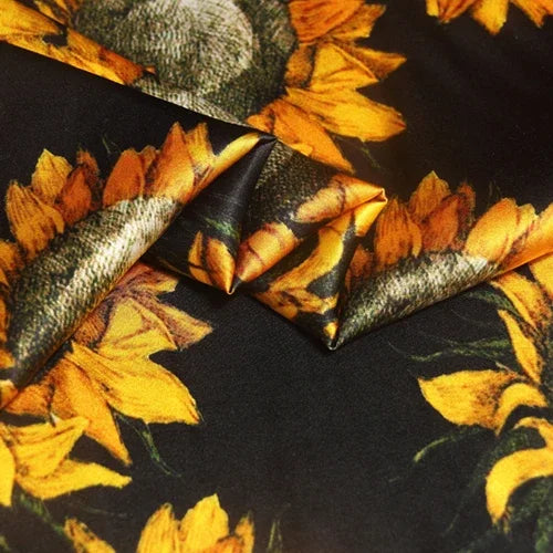 Yellow Sunflower Print 95% Silk & 5% Lycra Strech Silk Satin Fabric for Blouse Dress Clothing Cheongsam 105CM Wide 91G/M,DIY Sewing Material C007