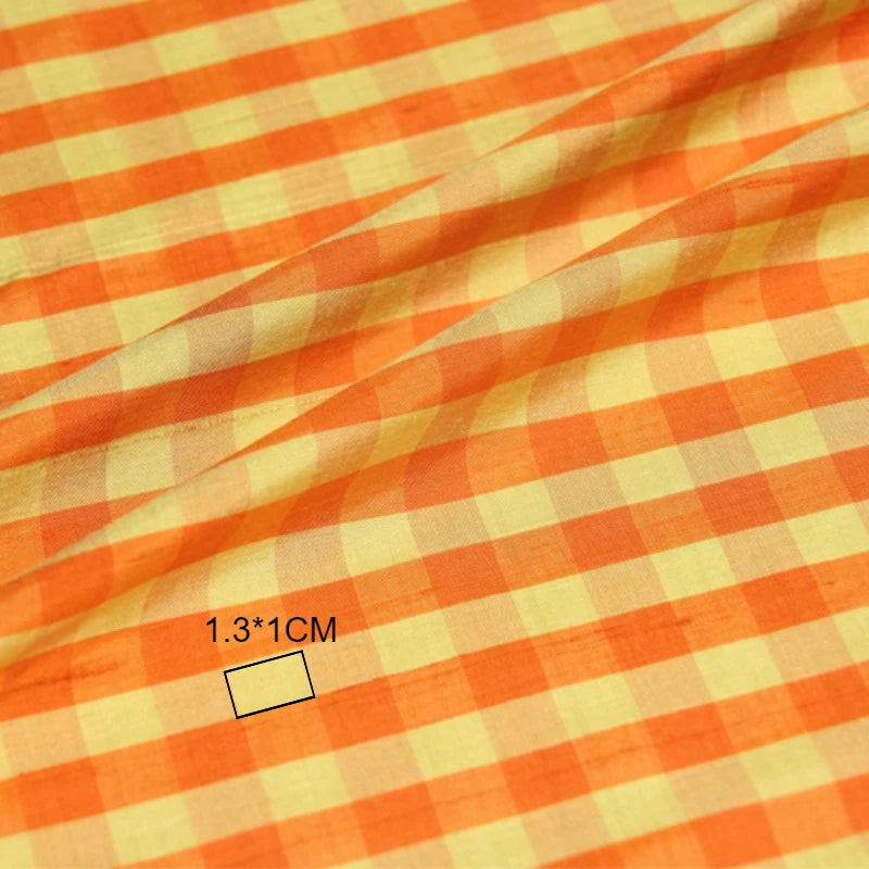 43.3'' Wide 20MM Orange Yellow Check Printed Silk Dupion Fabric for DIY Sewing Jacket Dress Coat R1877