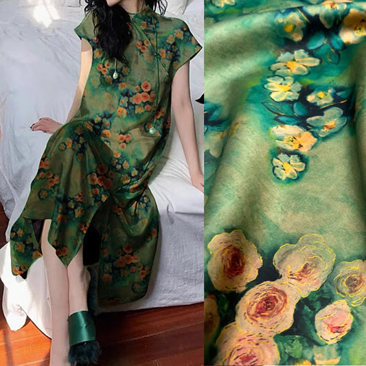 47'' Wide 25MM Thick Gambiered Gauze Silk Fabric with Rose on Yellow Green Printed Design for Cheongsam Horse Face Skrit Dress Stretch DIY Sewing Material E1567