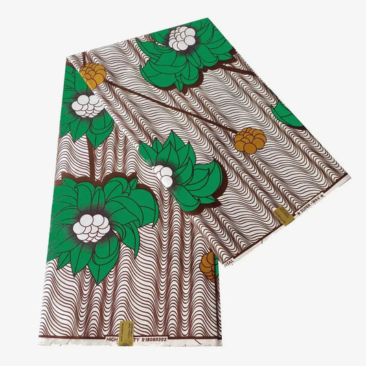 African Style Wax Batik Fabric with Green Floral Brown Lines,6 Yards Long,Summer Clothing Curtains Sofa DIY Sewing Material R924