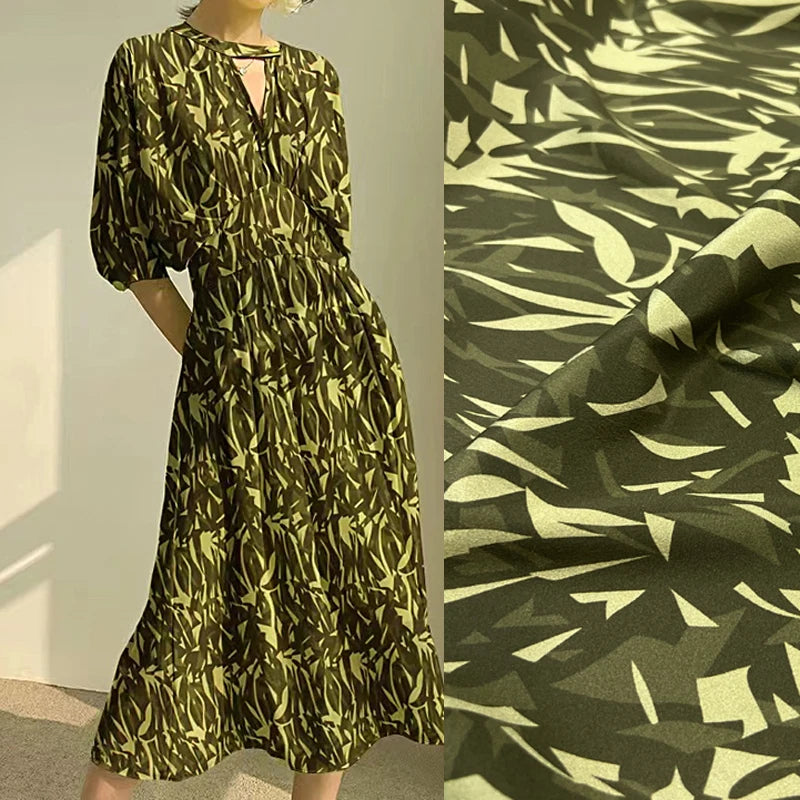 18m/m Mulberry Silk Crepe de Chine Silk Fabric for Sewing Dresses,Pajamas,Chinese Style Clothing or DIY Crafts 55" Wide Sold by 1 Meter 1 Yard(Green Printed) D1493