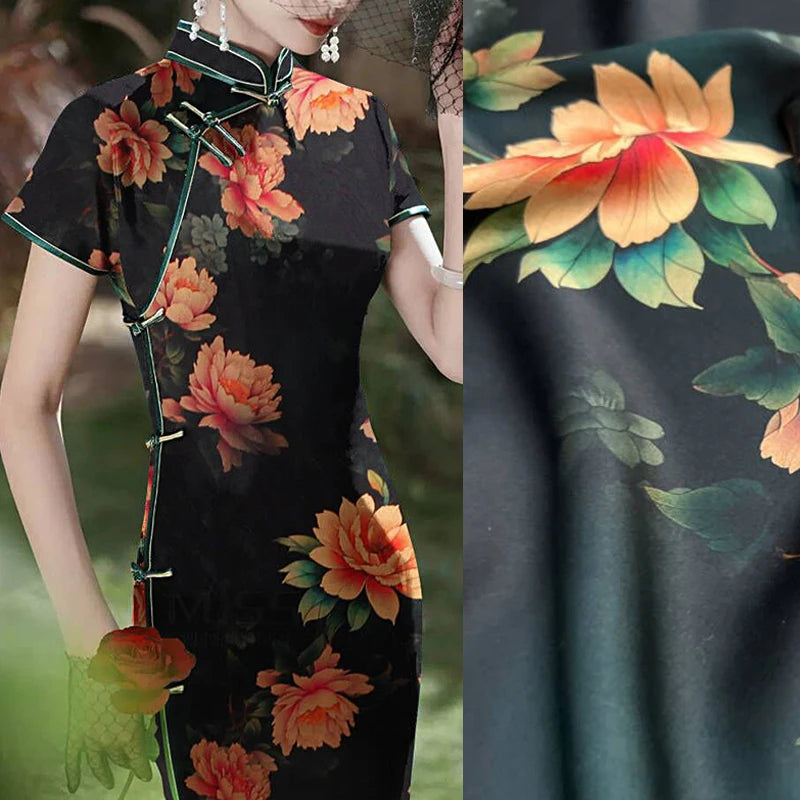 Orange Floral Printed on Black 47'' Wide 25MM Gambiered Gauze Silk Fabric Design for Cheongsam Horse Face Skrit Dress Summer DIY Sewing Material by Yard E1593