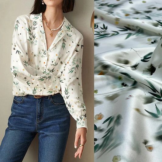 Silk Satin Fabric with Green Leaves on White Printed Design - 140CM Width,20MM, Stretch Smooth Fabric for DIY Sewing Summer Dresses D1524