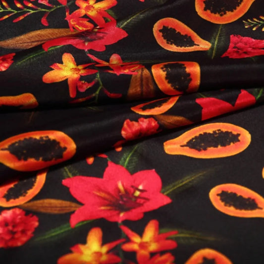 43.3'' Wide 12MM Thin Silk Crepe de Chine Fabric with Papaya Floral on Black for DIY Sewing Summer Dress Pants Pajamas R1835