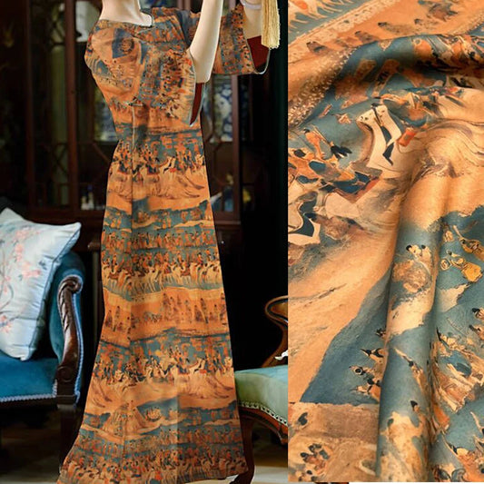 47'' Wide 25MM Thick Gambiered Gauze Silk Fabric with Printed on Brown Design for Soft Comfortable Cheongsam Horse Face Skrit Dress DIY Sewing Material By Yard E1588