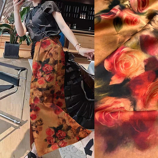 Stretch Gambiered Gauze Silk Fabric with Red Rose Printed Design for Cheongsam Horse Face Skrit Dress Pants 47'' Wide 25MM Thick,DIY Sewing Material E1563