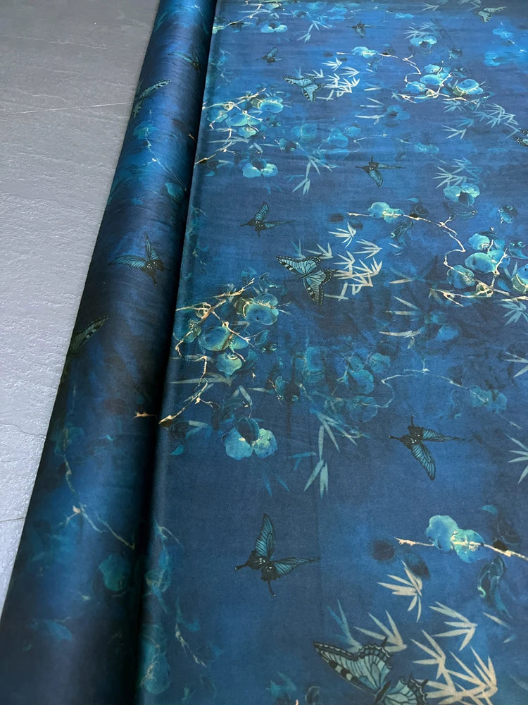 Stretch Gambiered Gauze Silk Fabric with Magic Blue Floral Printed Design for Cheongsam Horse Face Skrit Dress,47'' Wide 25MM,DIY Sewing Material E1559