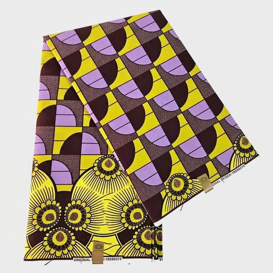 Yellow Purple Geometry and Floral Printed African Wax Batik Cotton Fabric,6 Yards Long 115cm Wide for DIY Sewing Cushion Clothes Material R758