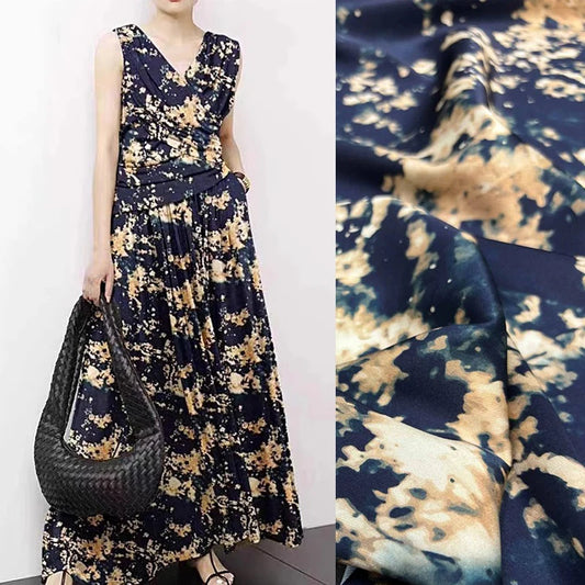 Twill Silk Fabric with Delicate Printed on Black Blue for High-End Summer Dress Shirt Cheongsam,55'' Wide 20MM Heavy Silk Fabric DIY Sewing Material R404