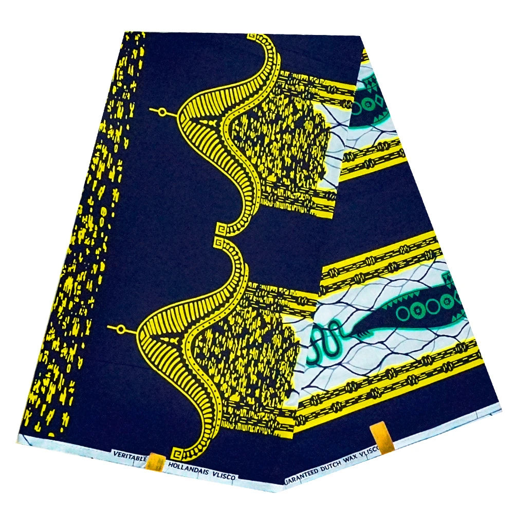 6 Yards Long,African Style Golden Printed Dark Blue Batik Cotton Fabric for Clothing Dress Sofa,Summer DIY Wax Material R1069