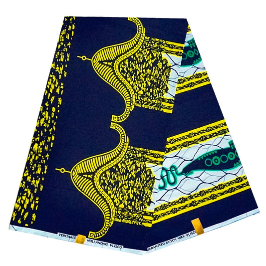 6 Yards Long,African Style Golden Printed Dark Blue Batik Cotton Fabric for Clothing Dress Sofa,Summer DIY Wax Material R1069