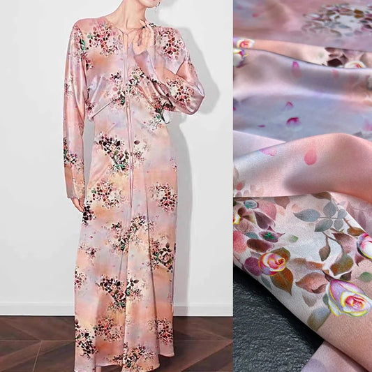 Soft and Smooth Silk Satin Fabric with Rose Printed on Pink Blue 140CM Wide 19MM Satin for DIY Sewing Summer Dress Clothing Pants R348