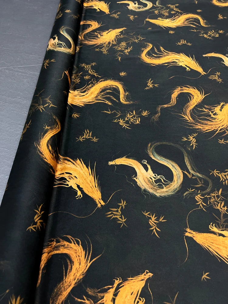 Luxury Gambiered Gauze Silk Fabric with Golden Dragon Printed Design for Cheongsam Horse Face Skrit Dress,47'' Wide 25MM Stretch DIY Sewing Material E1556