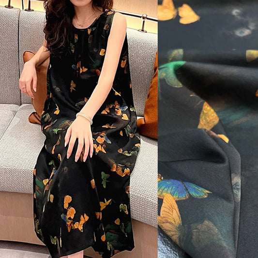 Colorful Butterfly Printed on Black Gambiered Guangdong Silk Fabric for DIY Cheongsam Dress Blouse - Stretch Silk Fabric Material by Yard R397