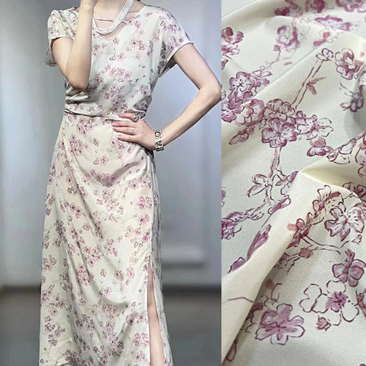 Stretch Comfortable Silk Crepe de Chine Fabric - Pink Floral Printed on White Design, Fabric for Summer Dress Pants-DIY Sewing Material D1497