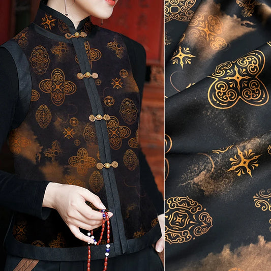 47'' Wide 25MM Thick Gambiered Gauze Silk Fabric with Chinese Style Geometry Printed Design for Stretch Cheongsam Horse Face Skrit Dress,DIY Sewing Material E1566
