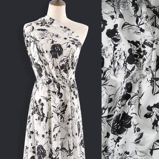55'' Width 16MM Black Floral Print White Silk Crepe De Chine Fabric by Yard for Summer Dress Blouse Skirt Shirt Pants DIY Sewing Material Y004