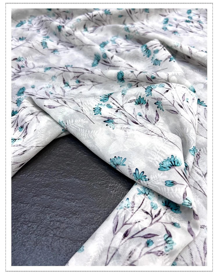 Silk Spandex Printed Fabric by Yard Blue Floral on Beige 55'' Wide for Dressmaking Cheongsam 19MM Thick Stretch Thin Silk Fabric DIY Sewing Material D1358