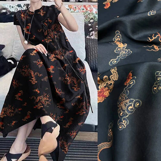 47'' Wide 25MM Thickness Gambiered Gauze Silk Fabric Chinese Dragon Cloud Design for Soft Cheongsam Horse Face Skrit Dress Pants Summer DIY Sewing Material E1591