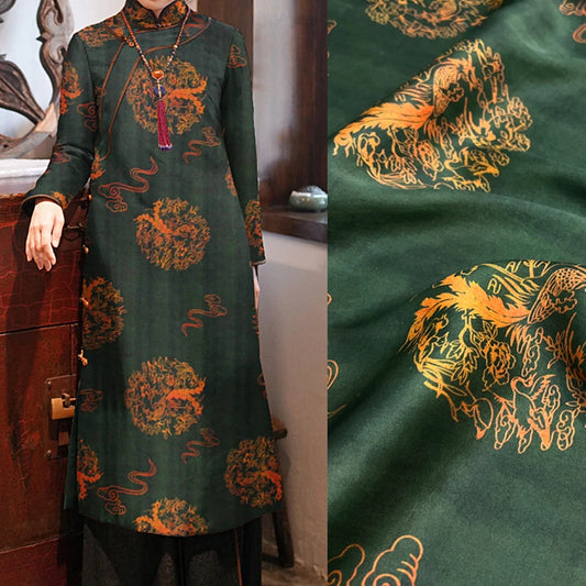 47'' Wide 25MM Thick Stretch Gambiered Gauze Silk Fabric with Phoenix Cloud Printed Design for Cheongsam Horse Face Skrit Dress Pants,DIY Sewing Material E1565