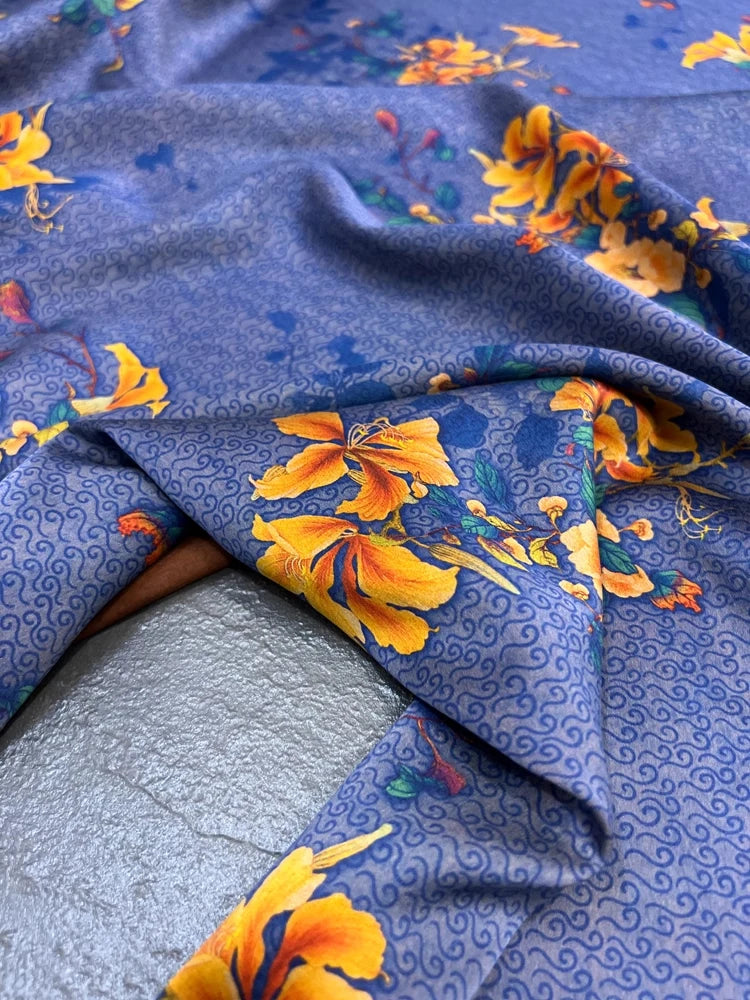 Elegant 25MM Silk & Spandex Fabric by Yard for Dress Cheongsam - Wide 47'', Yellow Floral Print DIY Sewing Silk Material D1255