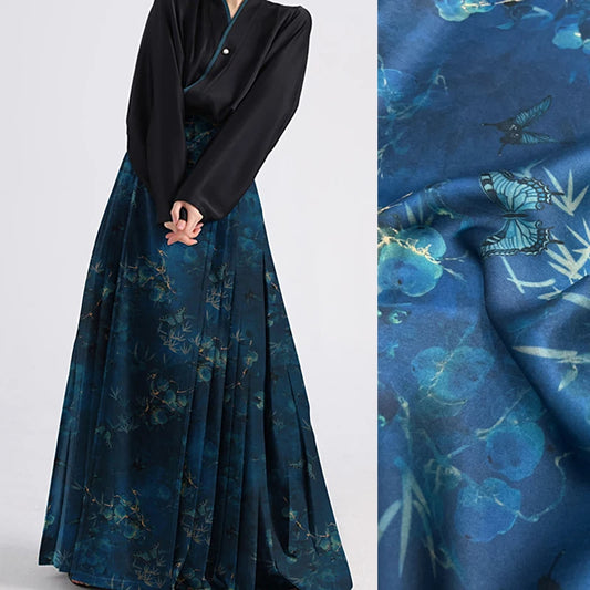 Stretch Gambiered Gauze Silk Fabric with Magic Blue Floral Printed Design for Cheongsam Horse Face Skrit Dress,47'' Wide 25MM,DIY Sewing Material E1559