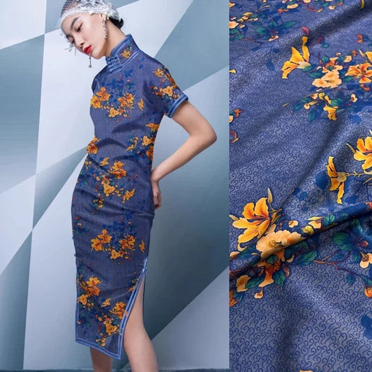 Elegant 25MM Silk & Spandex Fabric by Yard for Dress Cheongsam - Wide 47'', Yellow Floral Print DIY Sewing Silk Material D1255