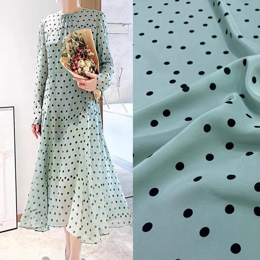 Lovely Dots Print Bean Green Silk Fabric by Yard for Summer Dresses, 55'' Wide, 93% Silk & 7% Spandex Soft Crepe de Chine Fabric DIY Sewing Material D1324