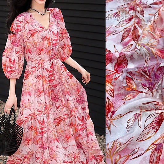 Silk Spandex Stretch Fabric Crepe De Chine 18m/m Thin Silk Fabric for Sewing by 1 Yard (Pink Orange Leaves Printed) DIY Summer Dress Pajamas Pants Material D1311