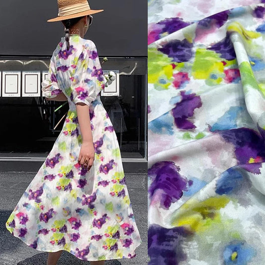 18m/m Spandex Mulberry Silk Crepe de Chine Fabric for Sewing Comfortable Dresses,Pajamas,Clothing,Pants or DIY Crafts Material 55" Wide Sold by 1 Meter 1 Yard(Purple Floral Print on White) D1320