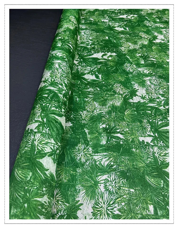 55'' Wide 15.5MM Green Printed 30% Silk 70% Linen Fabric by Yard for Summer Shirt Dress A Little Transparent and Hard Fabric DIY Sewing Material D1328