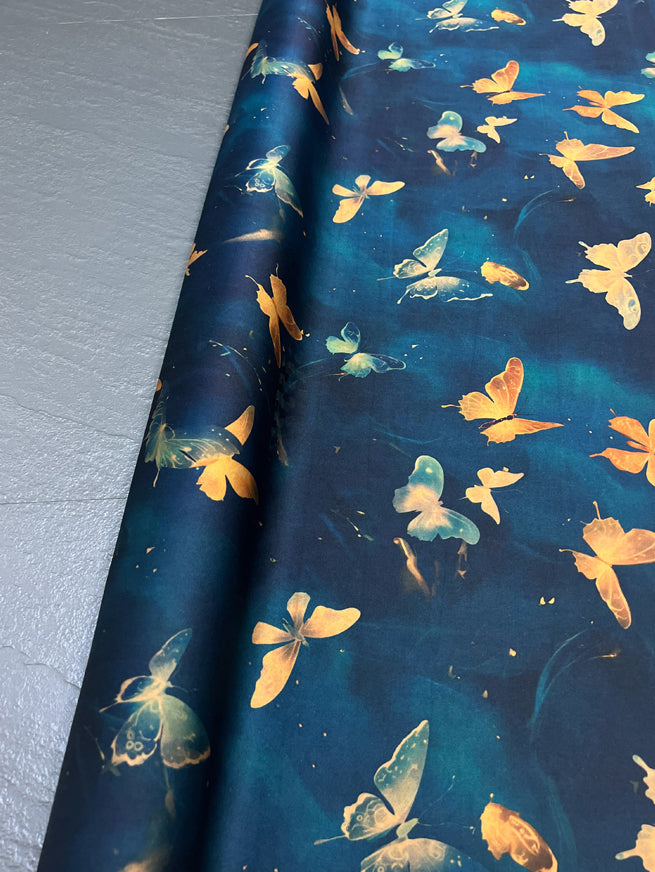 47'' Width 25Thickness DIY Sewing Soft and Comfortable Gambiered Guangdong Silk Fabric Material by Yard,Stretch Fabric with Butterfly on Blue for Cheongsam Dress Shirt DIY R395